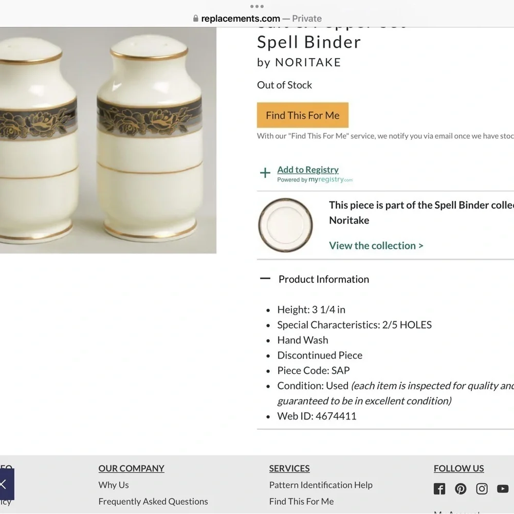 Noritake Salt & Pepper Shakers, Spell Binder, Gray, Black, Gold Stripe, Roses.
